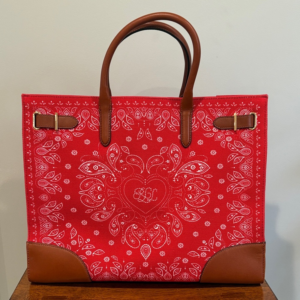 Lauren Ralph Lauren Red Bandana Print Tote with Brown Leather Trim